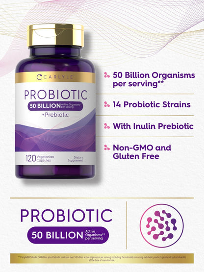 Carlyle Probiotics with Prebiotics | 120 Capsules | 50 Billion Active Organisms | Non-GMO & Gluten Free Supplement - dailyvitalstore