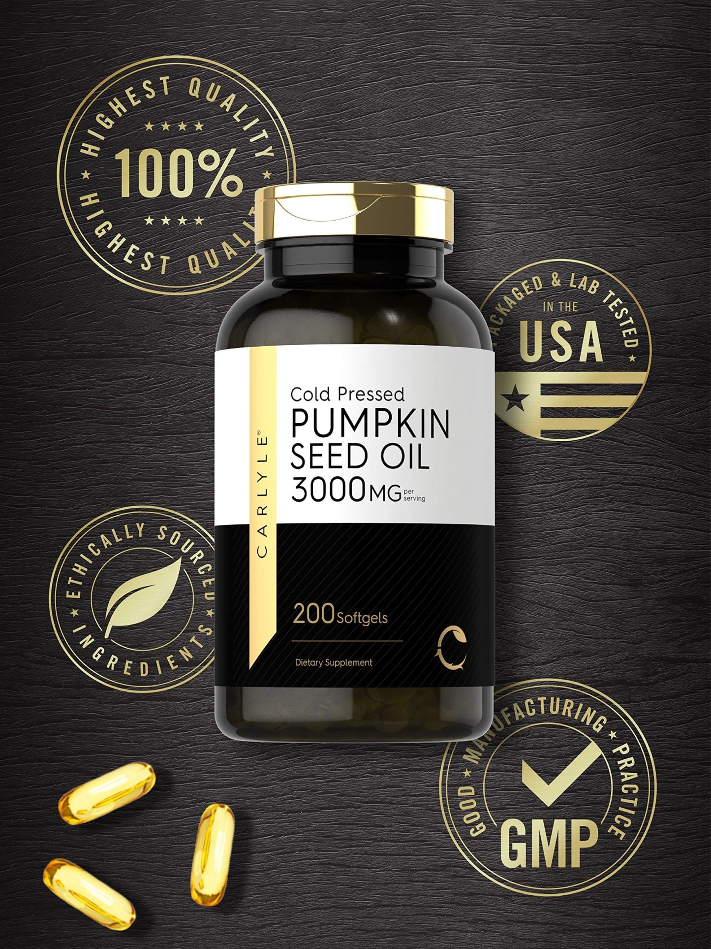 Carlyle Pumpkin Seed Oil Capsules | 3000mg | 200 Softgels | Essential Fatty Acids | Cold Pressed Dietary Supplement | Non-GMO and Gluten Free Formula - dailyvitalstore