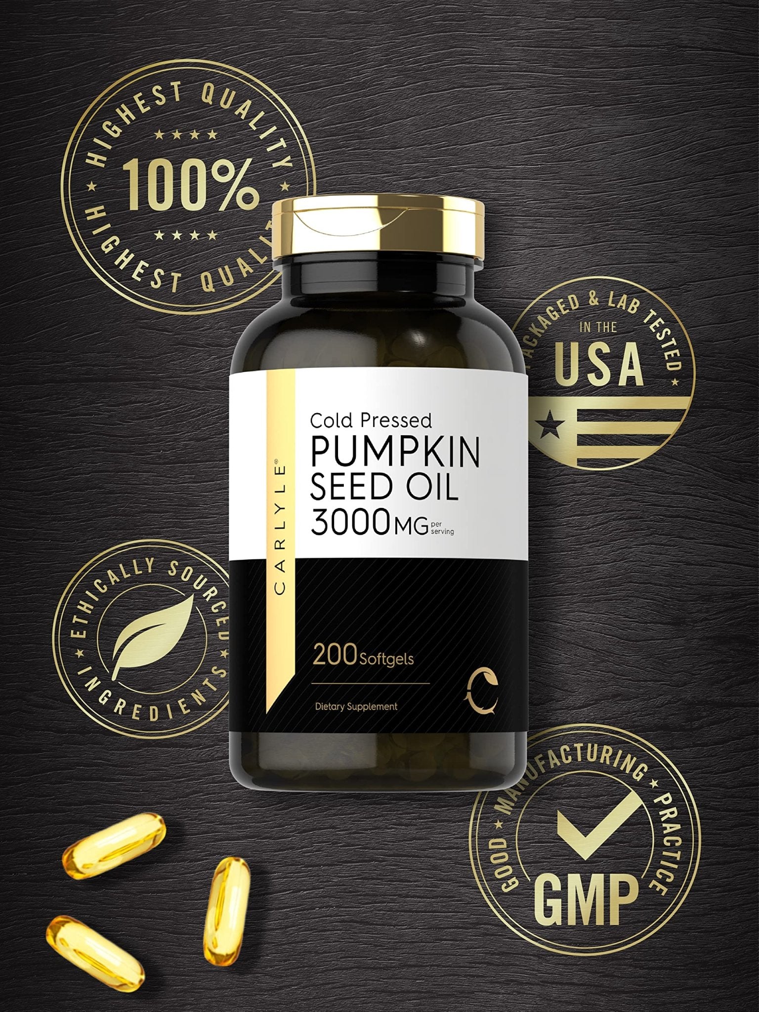 Carlyle Pumpkin Seed Oil Capsules | 3000mg | 200 Softgels | Essential Fatty Acids | Cold Pressed Dietary Supplement | Non-GMO and Gluten Free Formula - dailyvitalstore