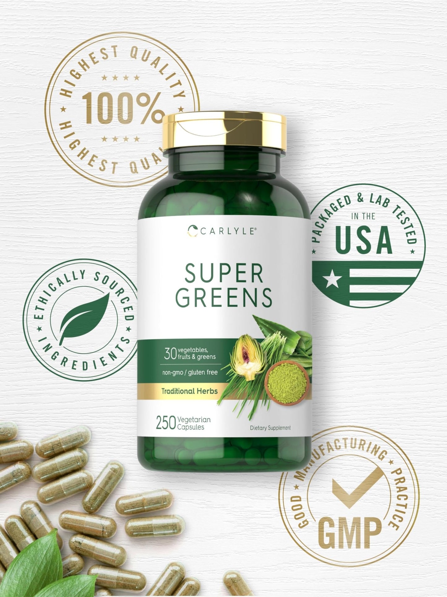 Carlyle Super Greens Capsules | 250 Count | Blend of 13 Vegetables and Greens Plus 17 Fruits | Non-GMO & Gluten Free Supplement - dailyvitalstore