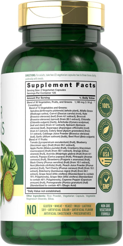 Carlyle Super Greens Capsules | 250 Count | Blend of 13 Vegetables and Greens Plus 17 Fruits | Non-GMO & Gluten Free Supplement - dailyvitalstore