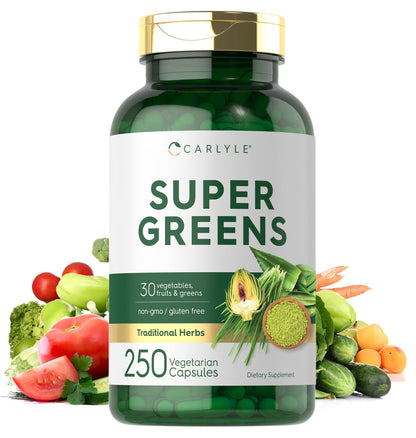 Carlyle Super Greens Capsules | 250 Count | Blend of 13 Vegetables and Greens Plus 17 Fruits | Non-GMO & Gluten Free Supplement - dailyvitalstore