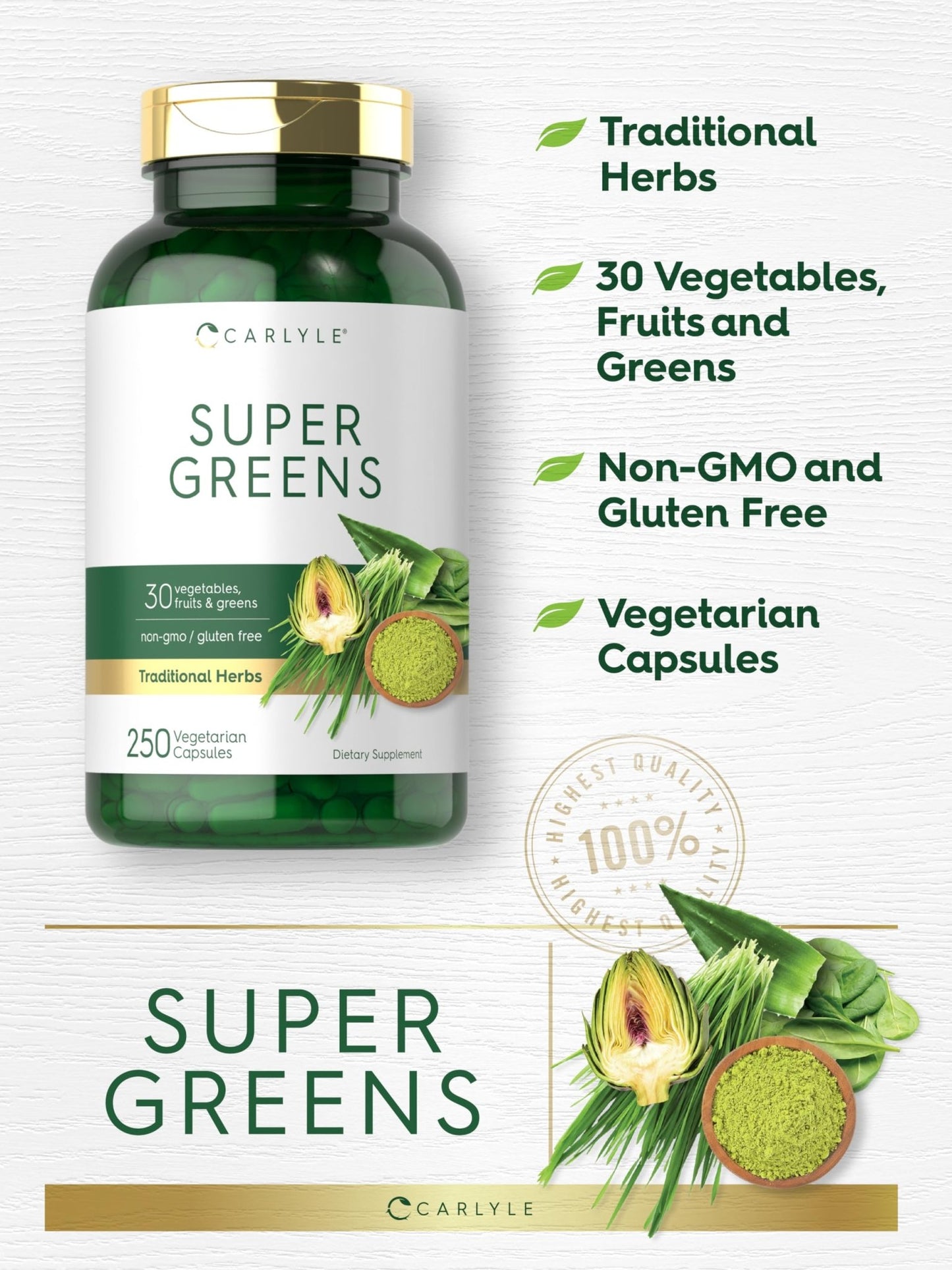 Carlyle Super Greens Capsules | 250 Count | Blend of 13 Vegetables and Greens Plus 17 Fruits | Non-GMO & Gluten Free Supplement - dailyvitalstore