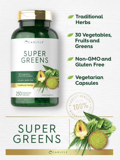 Carlyle Super Greens Capsules | 250 Count | Blend of 13 Vegetables and Greens Plus 17 Fruits | Non-GMO & Gluten Free Supplement - dailyvitalstore