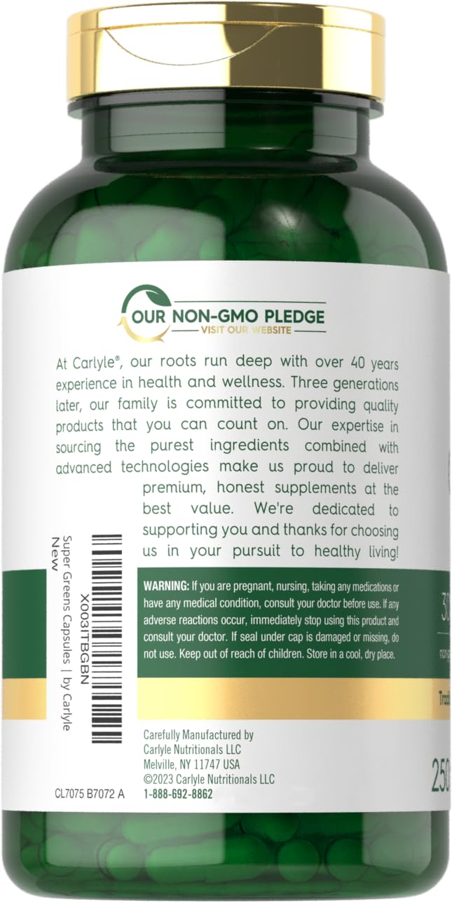 Carlyle Super Greens Capsules | 250 Count | Blend of 13 Vegetables and Greens Plus 17 Fruits | Non-GMO & Gluten Free Supplement - dailyvitalstore