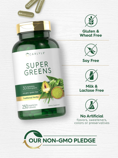 Carlyle Super Greens Capsules | 250 Count | Blend of 13 Vegetables and Greens Plus 17 Fruits | Non-GMO & Gluten Free Supplement - dailyvitalstore