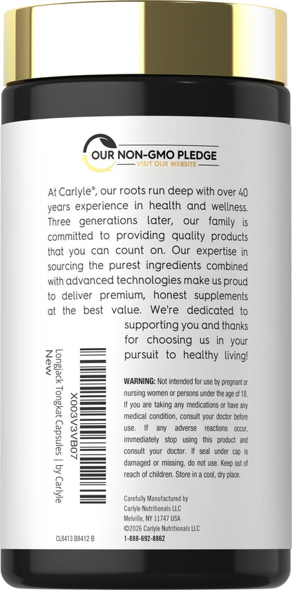 Carlyle Tongkat Ali | 180 Quick Release Capsules | Non-GMO and Gluten Free Supplement - dailyvitalstore