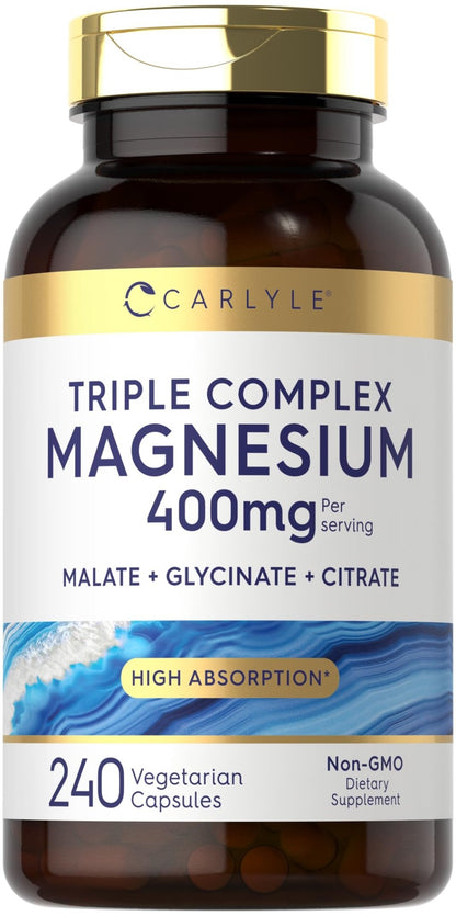 Carlyle Triple Magnesium Complex | 400 mg | 240 Capsules | Magnesium Malate, Glycinate & Citrate | Vegetarian, Non-GMO, and Gluten Free Supplement - dailyvitalstore