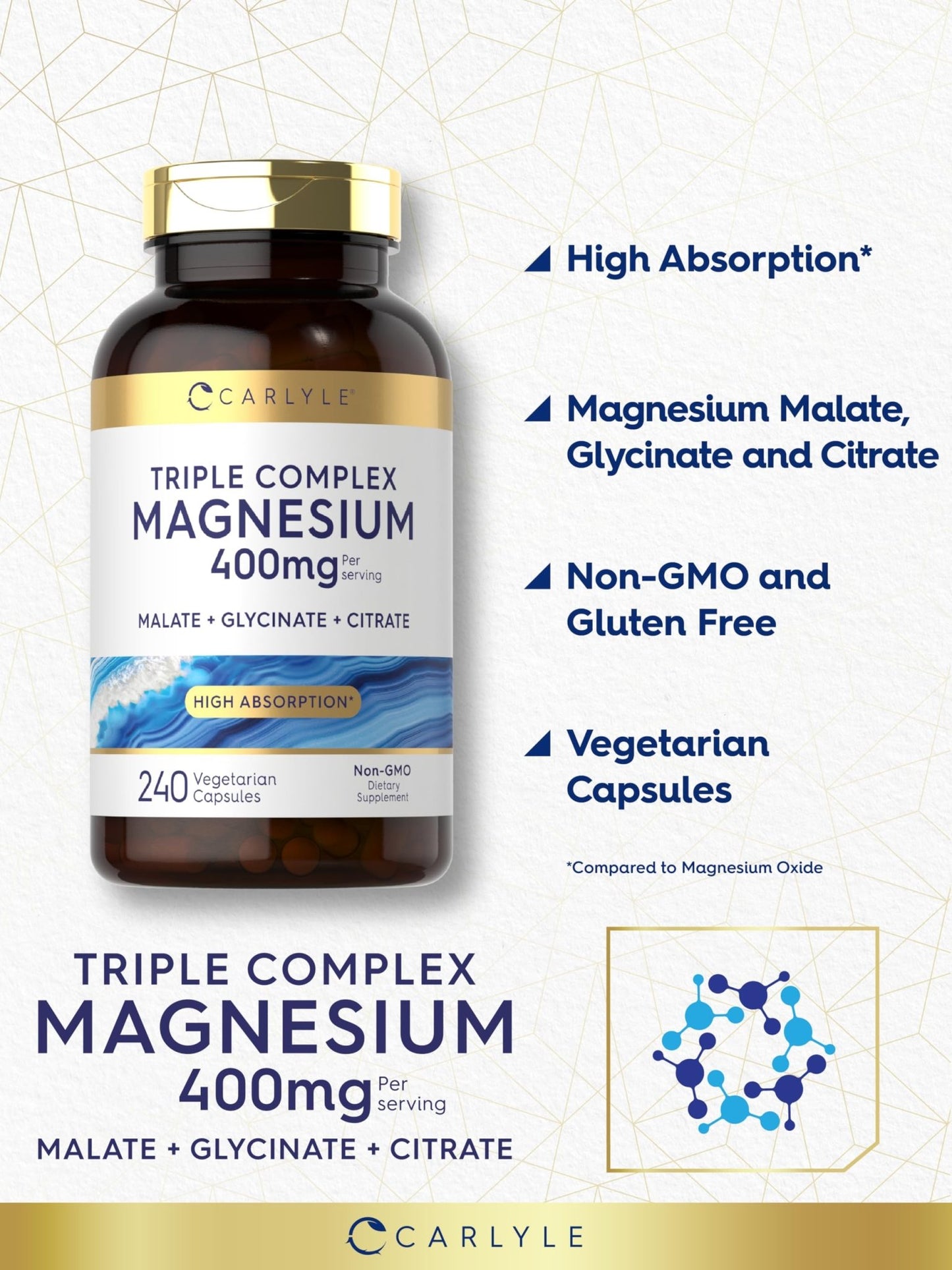 Carlyle Triple Magnesium Complex | 400 mg | 240 Capsules | Magnesium Malate, Glycinate & Citrate | Vegetarian, Non-GMO, and Gluten Free Supplement - dailyvitalstore