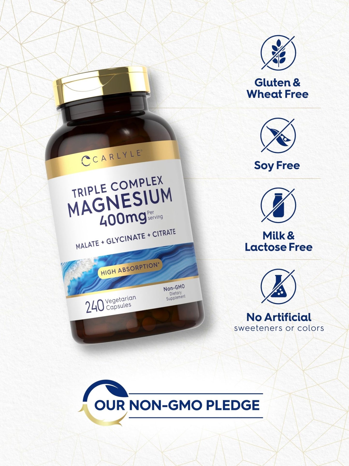 Carlyle Triple Magnesium Complex | 400 mg | 240 Capsules | Magnesium Malate, Glycinate & Citrate | Vegetarian, Non-GMO, and Gluten Free Supplement - dailyvitalstore