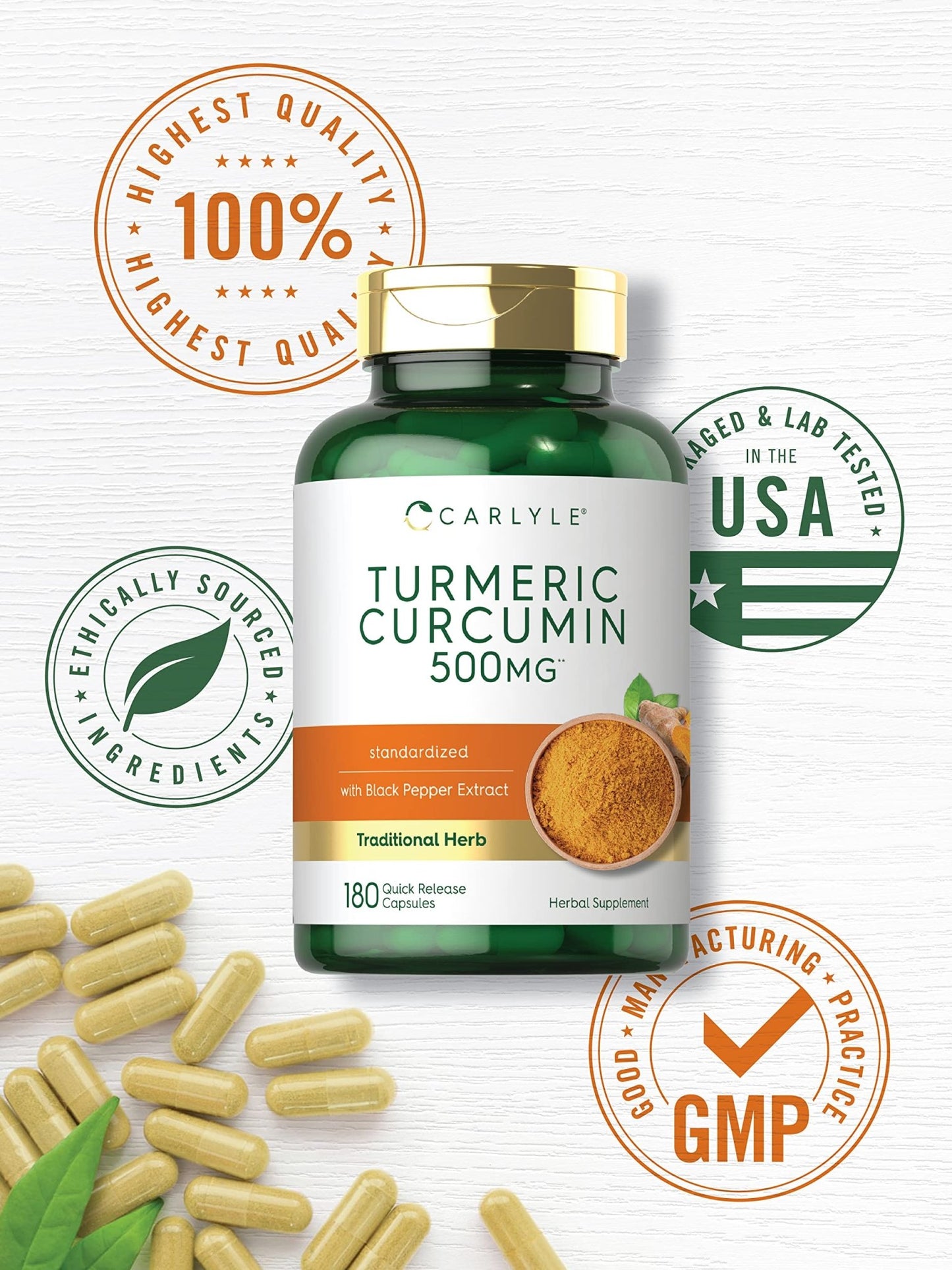 Carlyle Turmeric Curcumin Supplement | 180 Capsules | with Black Pepper Extract | Non-GMO & Gluten Free - dailyvitalstore