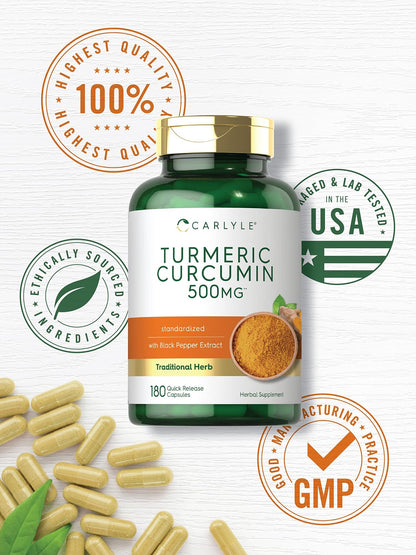 Carlyle Turmeric Curcumin Supplement | 180 Capsules | with Black Pepper Extract | Non-GMO & Gluten Free - dailyvitalstore