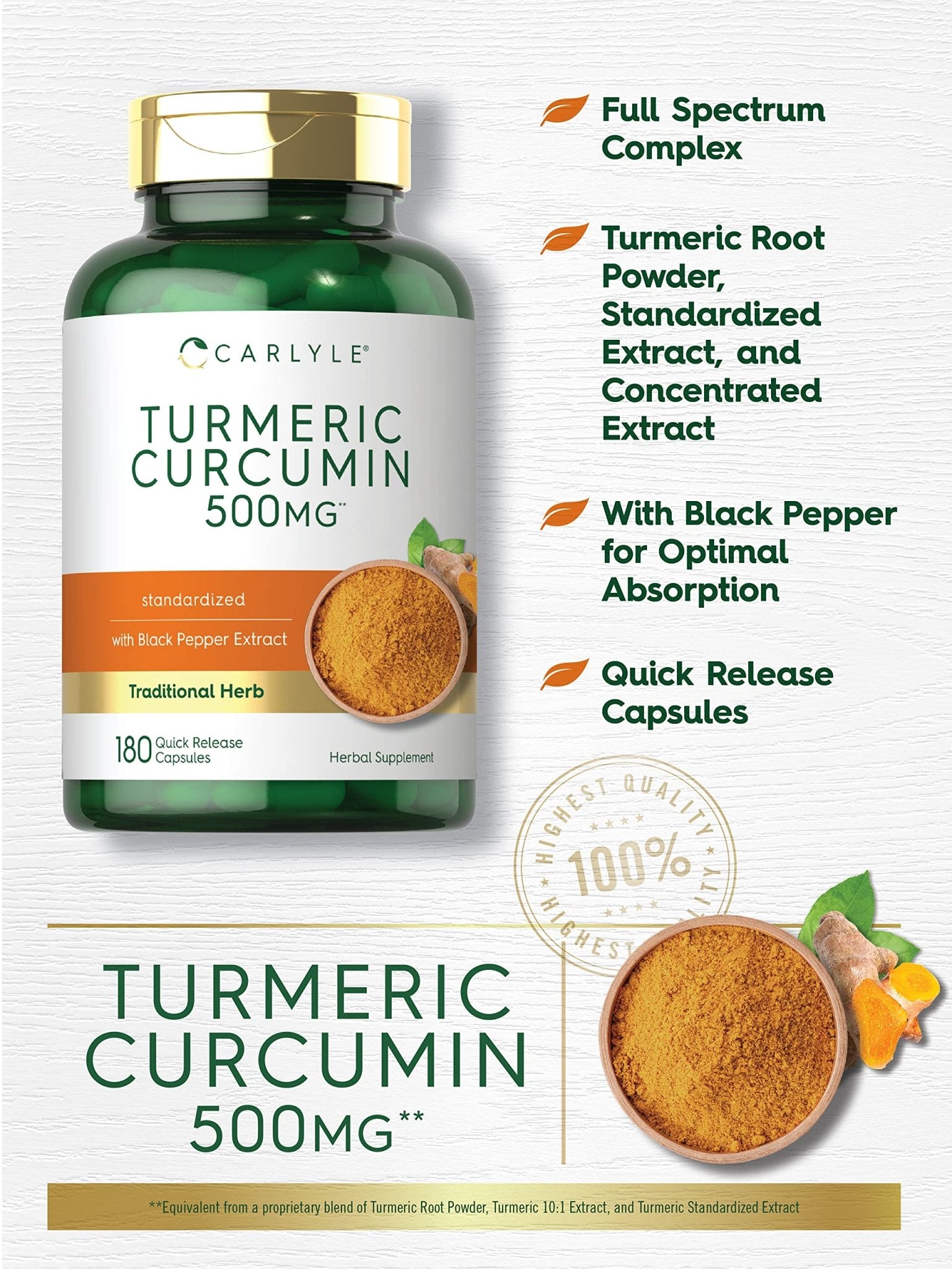 Carlyle Turmeric Curcumin Supplement | 180 Capsules | with Black Pepper Extract | Non-GMO & Gluten Free - dailyvitalstore