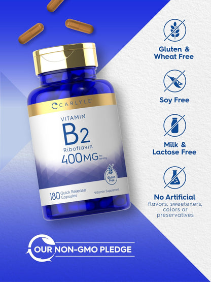 Carlyle Vitamin B-2 400mg | 180 Count | Non-GMO, Gluten Free Supplement | B2 Riboflavin - dailyvitalstore