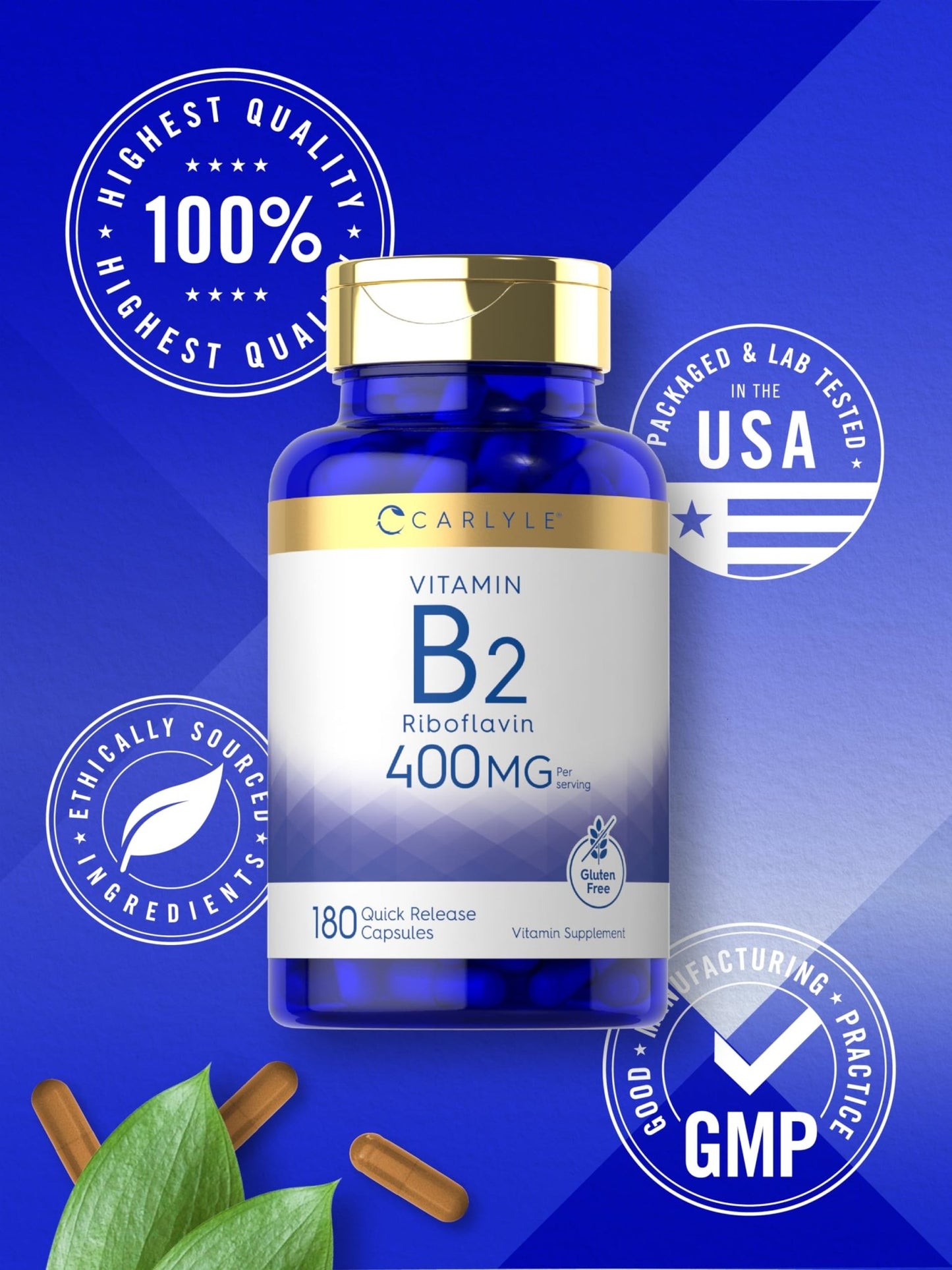 Carlyle Vitamin B-2 400mg | 180 Count | Non-GMO, Gluten Free Supplement | B2 Riboflavin - dailyvitalstore