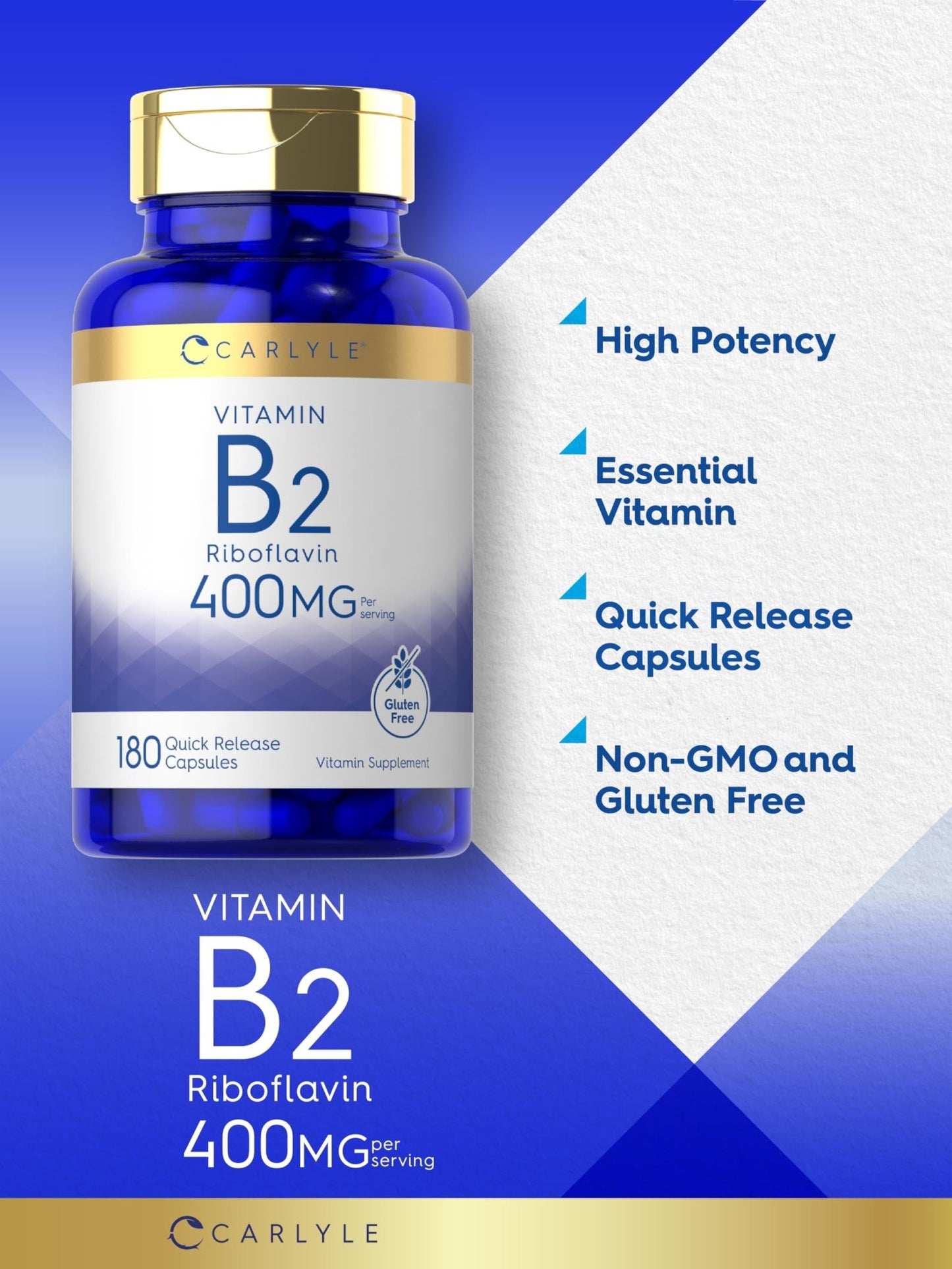 Carlyle Vitamin B-2 400mg | 180 Count | Non-GMO, Gluten Free Supplement | B2 Riboflavin - dailyvitalstore