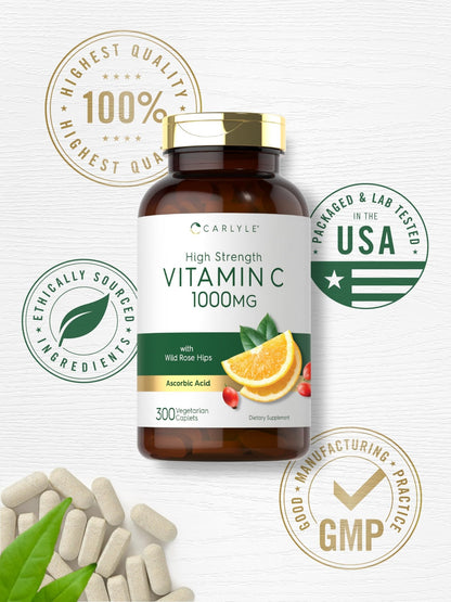 Carlyle Vitamin C 1000mg | 300 Vegetarian Caplets | Ascorbic Acid with Wild Rose Hips | High Strength Formula - dailyvitalstore