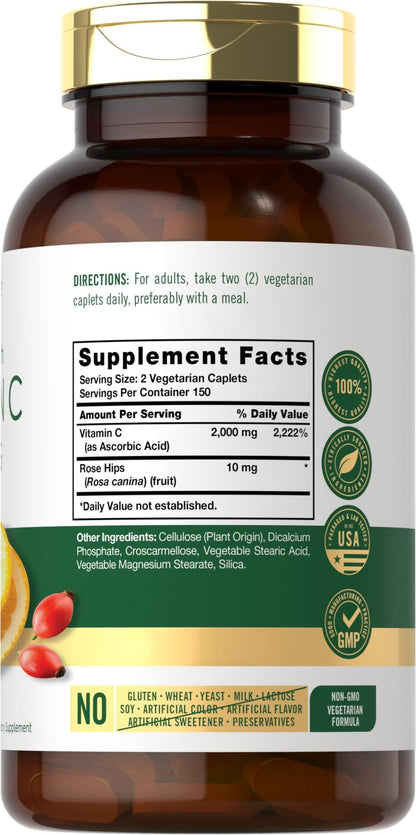 Carlyle Vitamin C 1000mg | 300 Vegetarian Caplets | Ascorbic Acid with Wild Rose Hips | High Strength Formula - dailyvitalstore