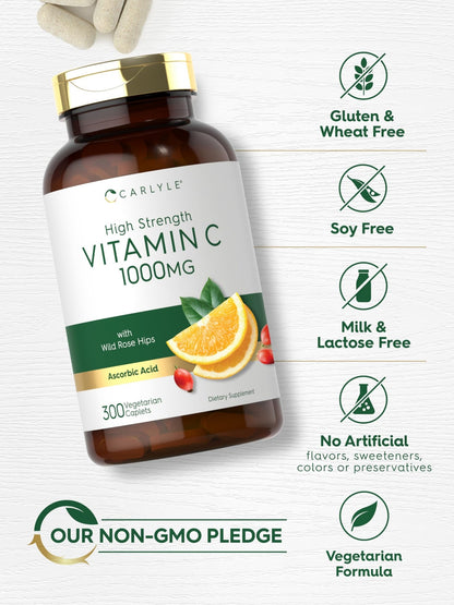 Carlyle Vitamin C 1000mg | 300 Vegetarian Caplets | Ascorbic Acid with Wild Rose Hips | High Strength Formula - dailyvitalstore