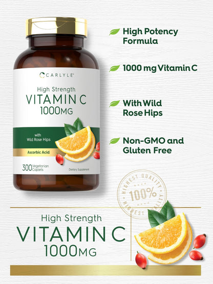 Carlyle Vitamin C 1000mg | 300 Vegetarian Caplets | Ascorbic Acid with Wild Rose Hips | High Strength Formula - dailyvitalstore