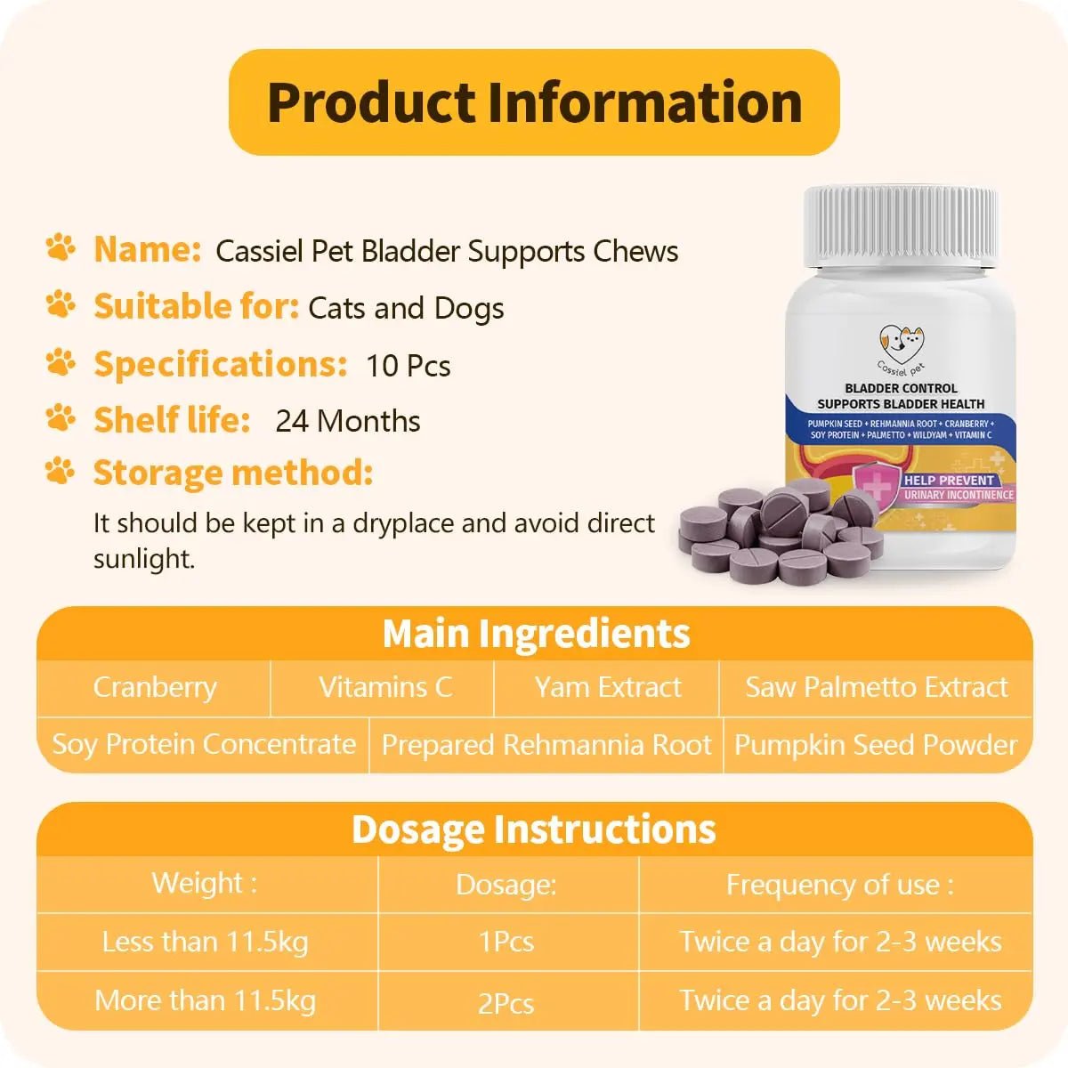 Cassiel Pet Bladder Supports Chews for Urinary Tract Health, Infection Treatments, Bladder Health, Dog UTI, Bladder Stones, Incontinence Support, Urinary Pain Relief for Cat & Dog 10 Chews (1 Bottle) - dailyvitalstore