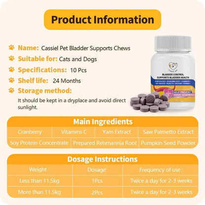 Cassiel Pet Bladder Supports Chews for Urinary Tract Health, Infection Treatments, Bladder Health, Dog UTI, Bladder Stones, Incontinence Support, Urinary Pain Relief for Cat & Dog 10 Chews (1 Bottle) - dailyvitalstore