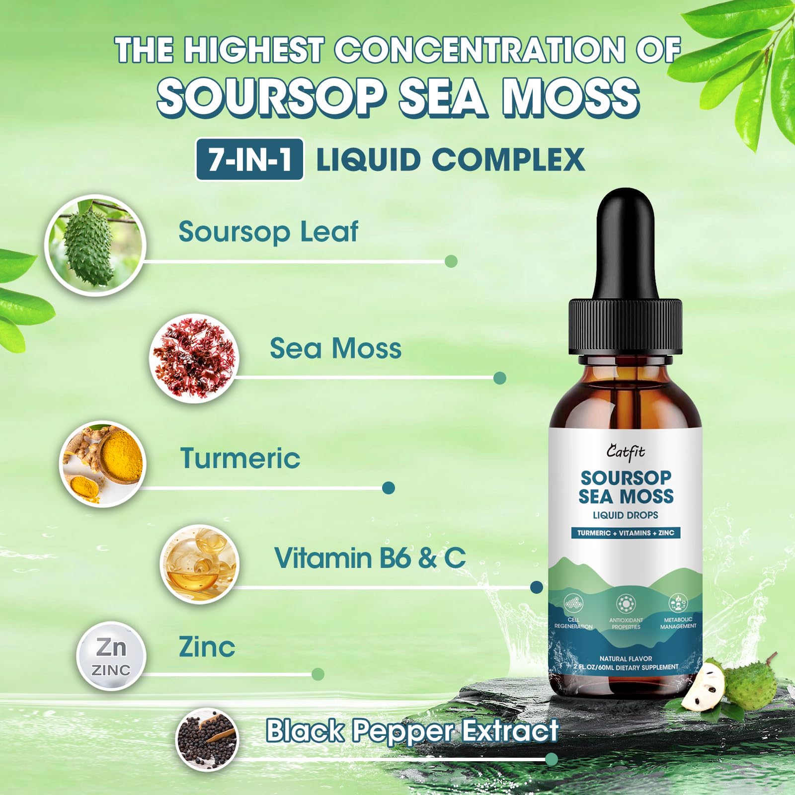 Catfit Soursop Graviola Liquid Drop – Soursop Drops for Cell Support, Antioxidant, Relaxation & Immune Boost with Sea Moss, Turmeric, Black Pepper, B6 C, Zinc, Sugar Free, Gluten Free, Vegan, 2 Fl Oz - dailyvitalstore