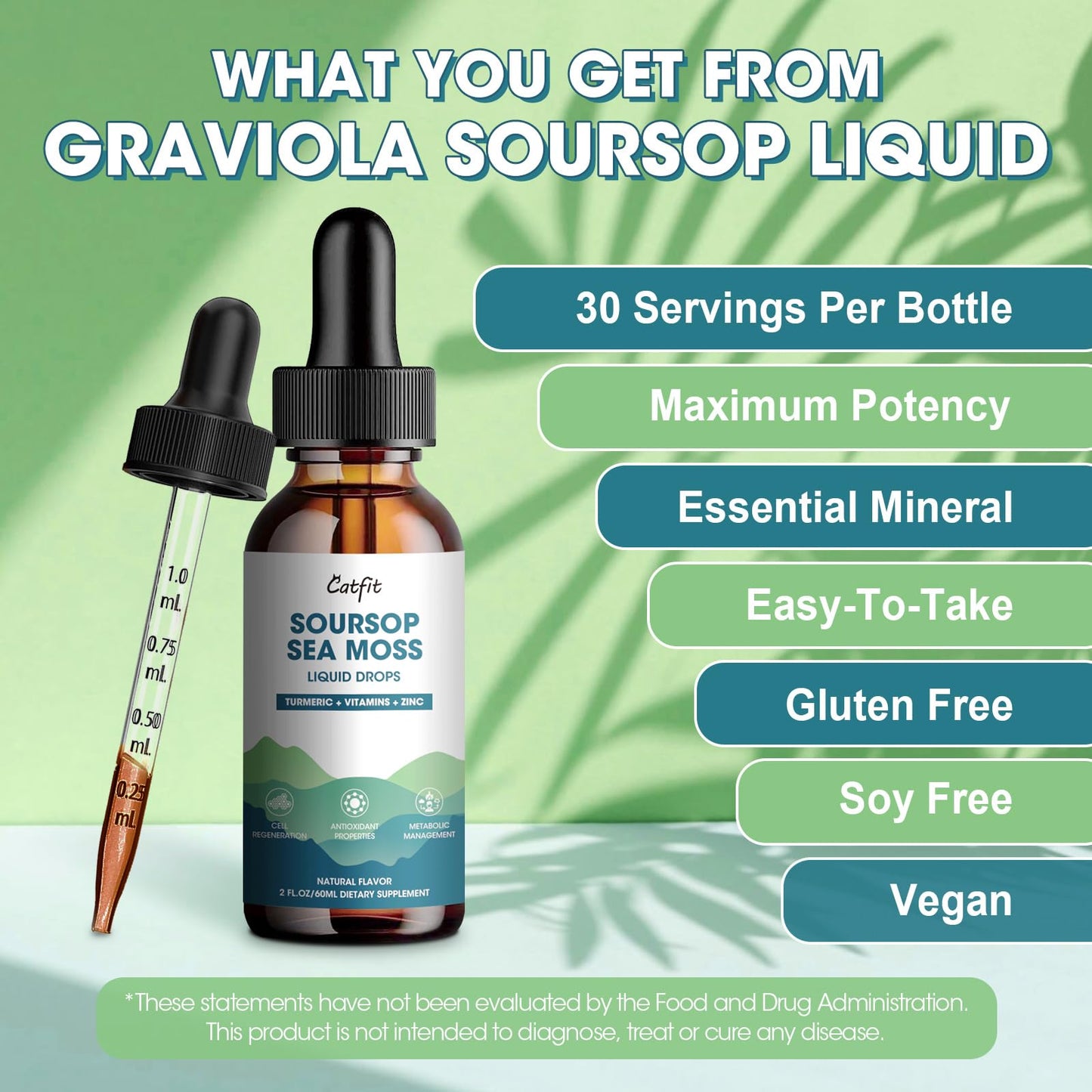Catfit Soursop Graviola Liquid Drop – Soursop Drops for Cell Support, Antioxidant, Relaxation & Immune Boost with Sea Moss, Turmeric, Black Pepper, B6 C, Zinc, Sugar Free, Gluten Free, Vegan, 2 Fl Oz - dailyvitalstore