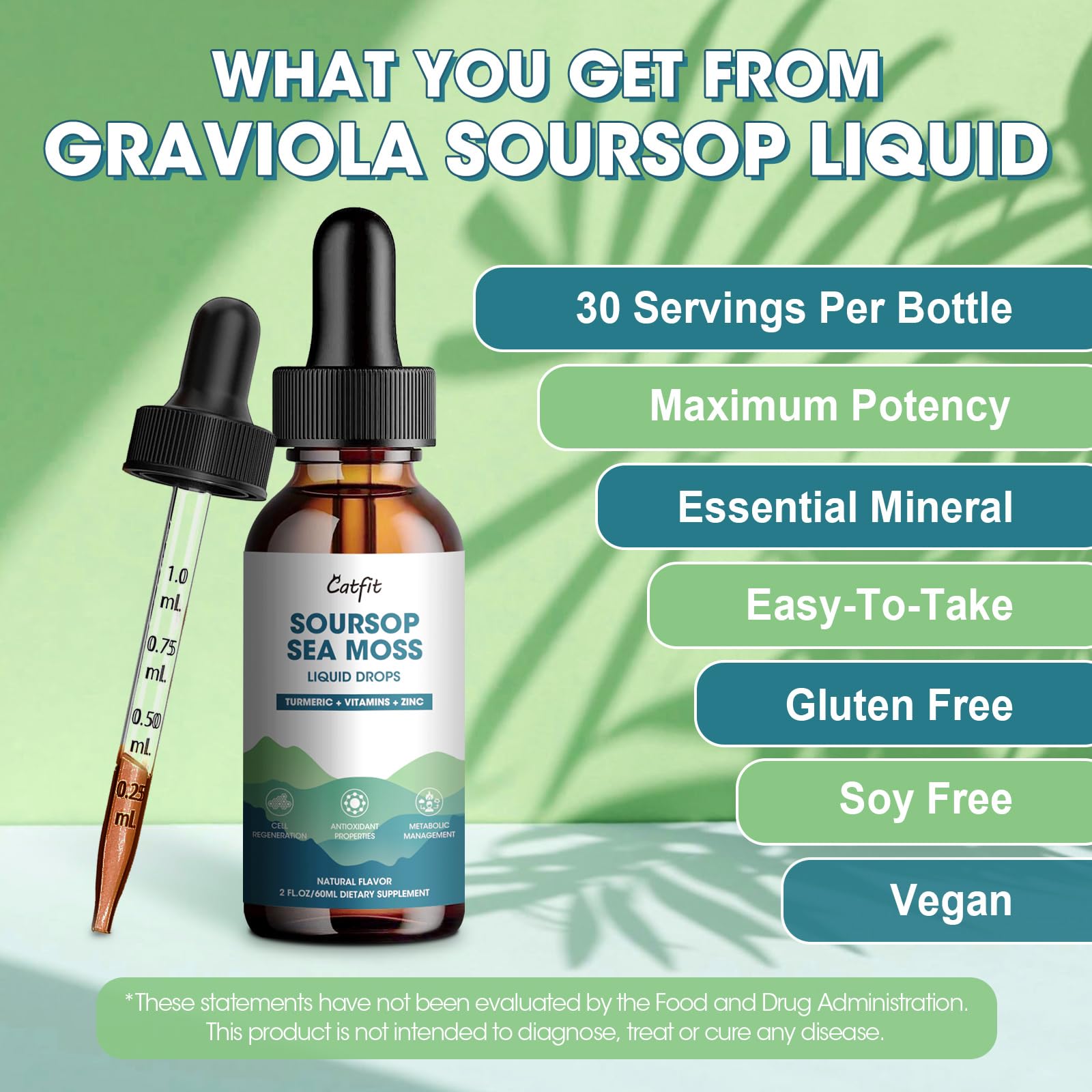 Catfit Soursop Graviola Liquid Drop – Soursop Drops for Cell Support, Antioxidant, Relaxation & Immune Boost with Sea Moss, Turmeric, Black Pepper, B6 C, Zinc, Sugar Free, Gluten Free, Vegan, 2 Fl Oz - dailyvitalstore