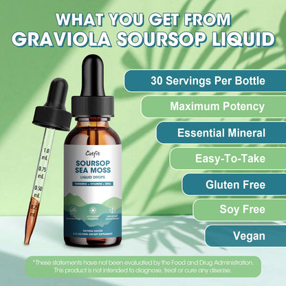 Catfit Soursop Graviola Liquid Drop – Soursop Drops for Cell Support, Antioxidant, Relaxation & Immune Boost with Sea Moss, Turmeric, Black Pepper, B6 C, Zinc, Sugar Free, Gluten Free, Vegan, 2 Fl Oz - dailyvitalstore