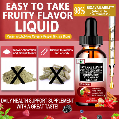 Cayenne Pepper Drops, High Absorption 6-in-1 Liquid Cayenne Pepper Supplement w/Ceylon Cinnamon, Green Tea Extract, Turmeric, Organic Liquid Drops Than Cayenne Capsules Powder - dailyvitalstore