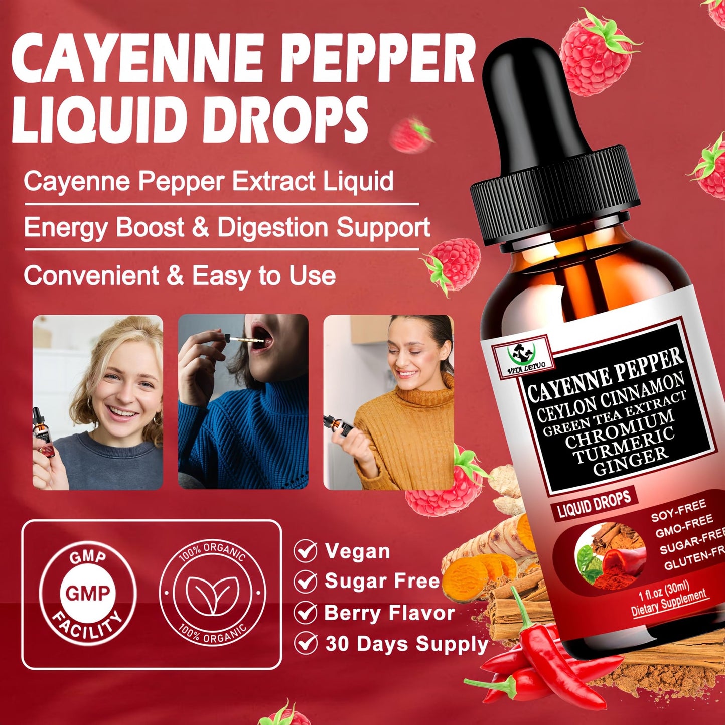 Cayenne Pepper Drops, High Absorption 6-in-1 Liquid Cayenne Pepper Supplement w/Ceylon Cinnamon, Green Tea Extract, Turmeric, Organic Liquid Drops Than Cayenne Capsules Powder - dailyvitalstore