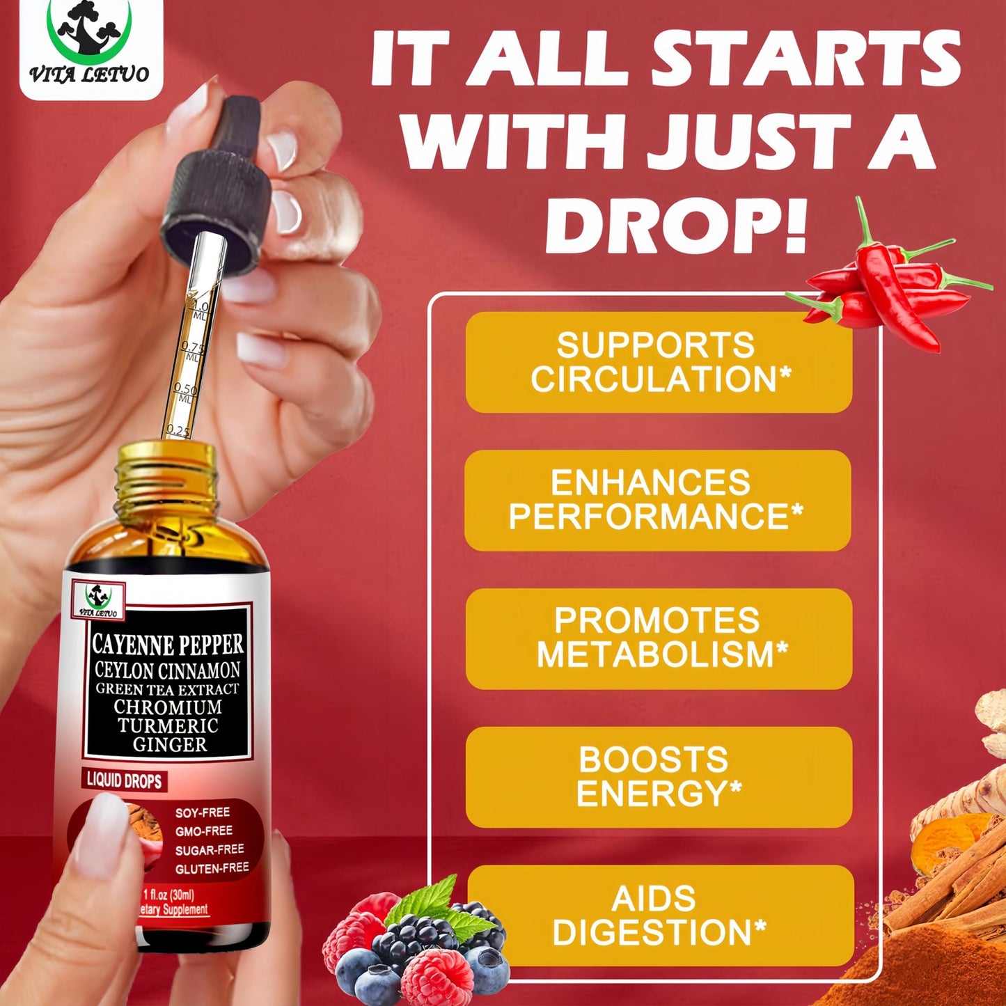 Cayenne Pepper Drops, High Absorption 6-in-1 Liquid Cayenne Pepper Supplement w/Ceylon Cinnamon, Green Tea Extract, Turmeric, Organic Liquid Drops Than Cayenne Capsules Powder - dailyvitalstore