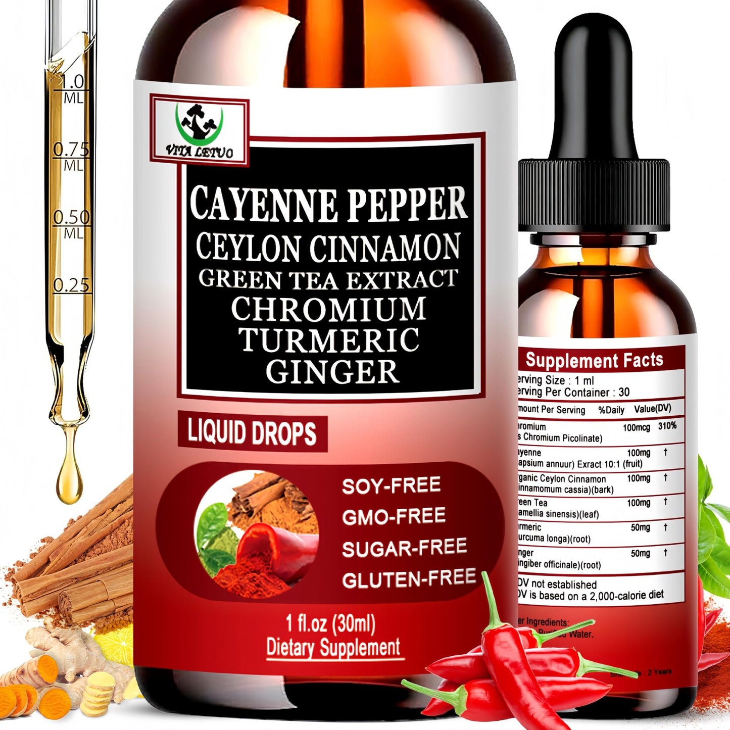 Cayenne Pepper Drops, High Absorption 6-in-1 Liquid Cayenne Pepper Supplement w/Ceylon Cinnamon, Green Tea Extract, Turmeric, Organic Liquid Drops Than Cayenne Capsules Powder - dailyvitalstore