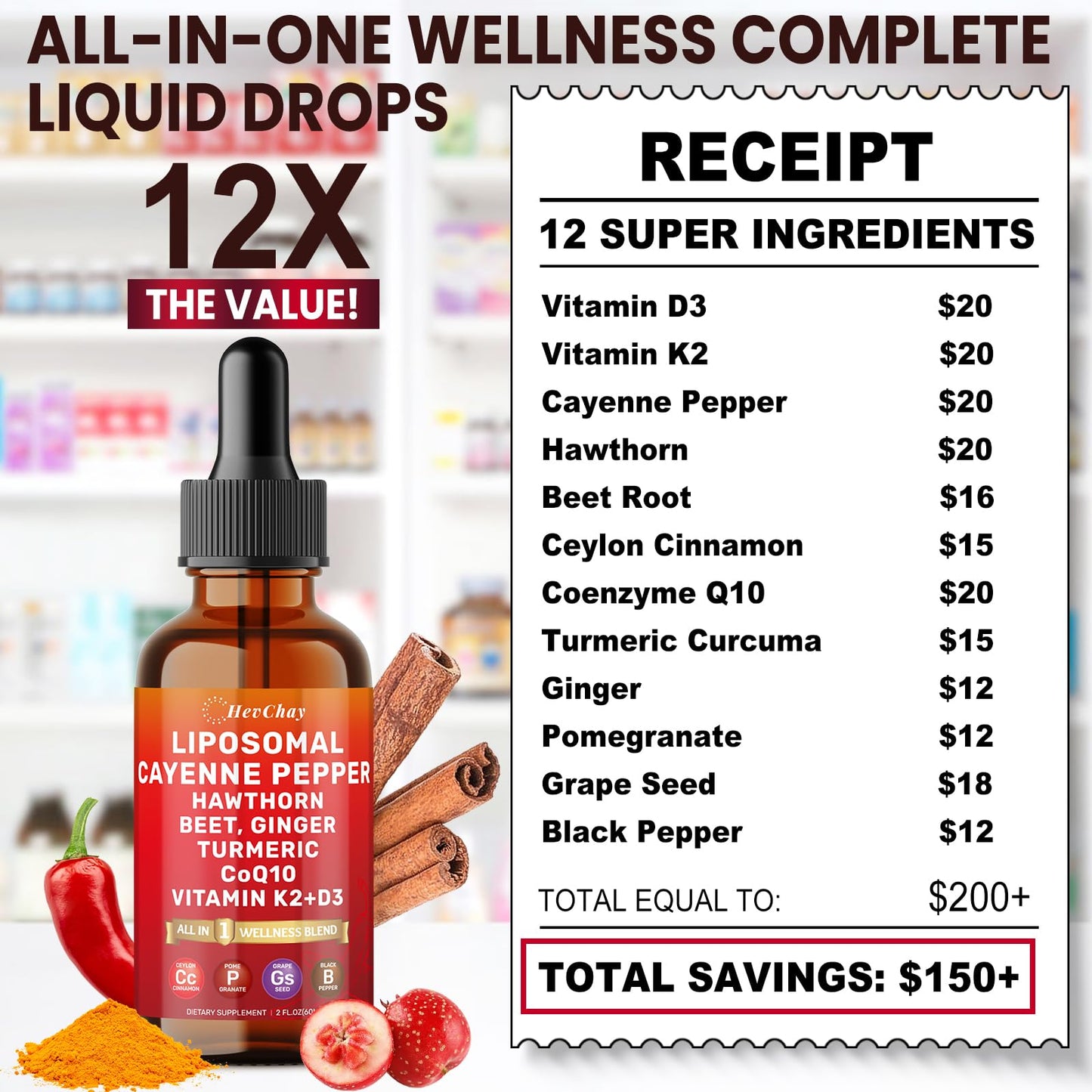 Cayenne Pepper Drops Liposomal Supplement Liquid + Hawthorn Berry, Vitamin D3 K2 Beet Root Powder, Ceylon Cinnamon, CoQ10, Turmeric Curcumin, Cayenne Pepper Extract - 2oz - dailyvitalstore