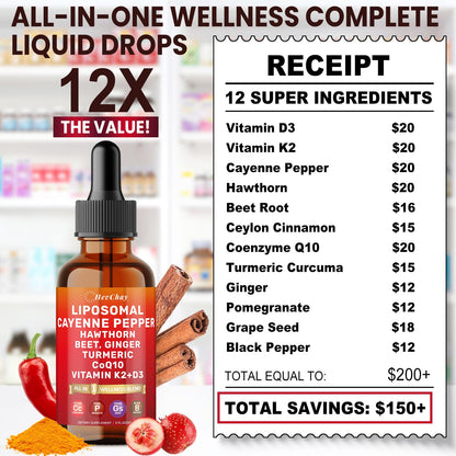 Cayenne Pepper Drops Liposomal Supplement Liquid + Hawthorn Berry, Vitamin D3 K2 Beet Root Powder, Ceylon Cinnamon, CoQ10, Turmeric Curcumin, Cayenne Pepper Extract - 2oz - dailyvitalstore