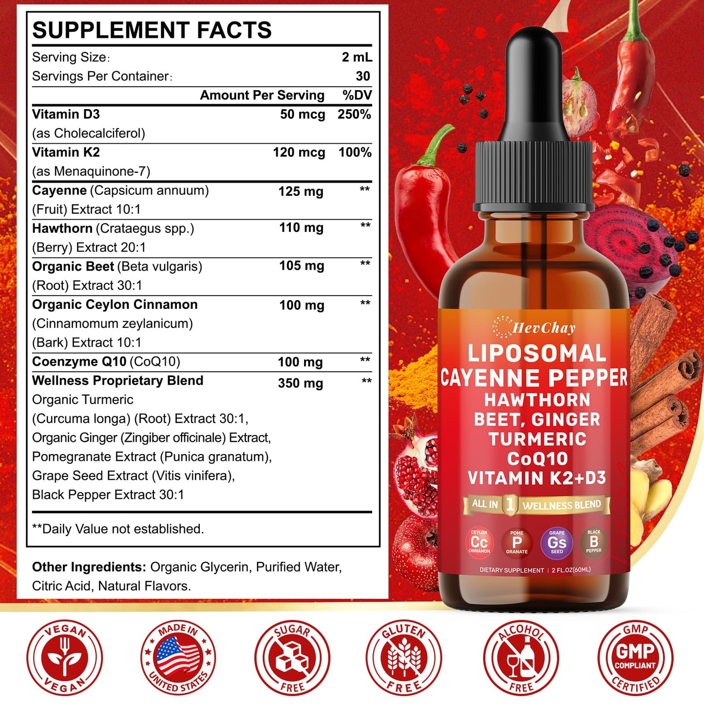 Cayenne Pepper Drops Liposomal Supplement Liquid + Hawthorn Berry, Vitamin D3 K2 Beet Root Powder, Ceylon Cinnamon, CoQ10, Turmeric Curcumin, Cayenne Pepper Extract - 2oz - dailyvitalstore