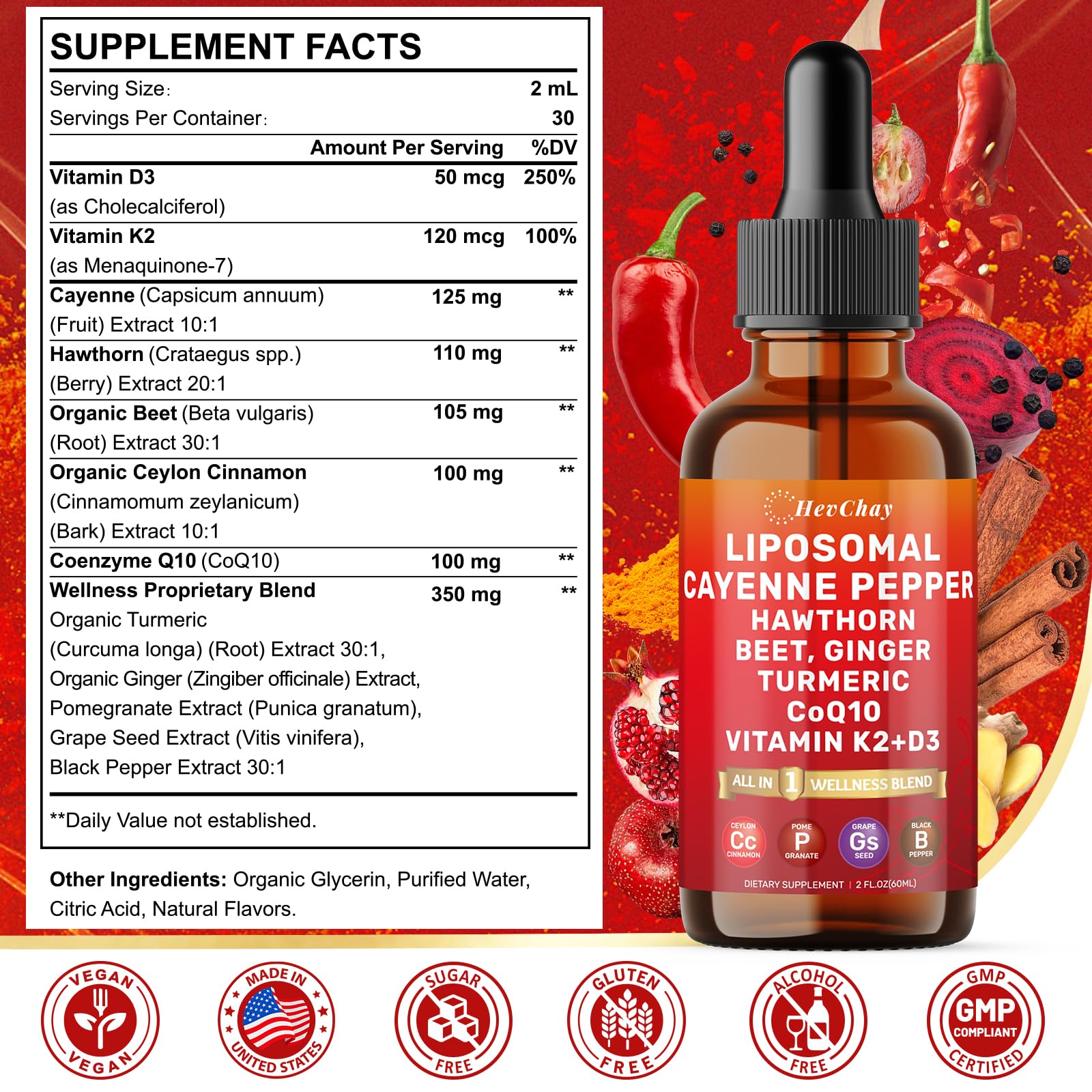 Cayenne Pepper Drops Liposomal Supplement Liquid + Hawthorn Berry, Vitamin D3 K2 Beet Root Powder, Ceylon Cinnamon, CoQ10, Turmeric Curcumin, Cayenne Pepper Extract - 2oz - dailyvitalstore