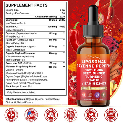 Cayenne Pepper Drops Liposomal Supplement Liquid + Hawthorn Berry, Vitamin D3 K2 Beet Root Powder, Ceylon Cinnamon, CoQ10, Turmeric Curcumin, Cayenne Pepper Extract - 2oz - dailyvitalstore