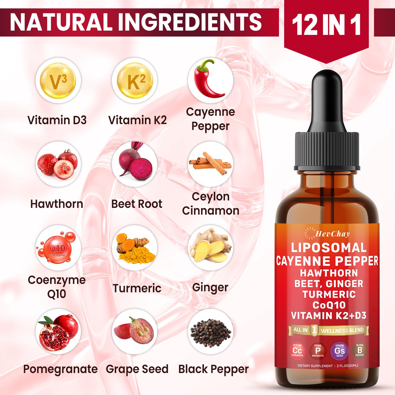 Cayenne Pepper Drops Liposomal Supplement Liquid + Hawthorn Berry, Vitamin D3 K2 Beet Root Powder, Ceylon Cinnamon, CoQ10, Turmeric Curcumin, Cayenne Pepper Extract - 2oz - dailyvitalstore