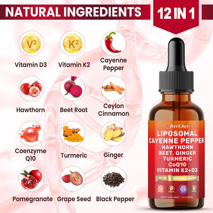 Cayenne Pepper Drops Liposomal Supplement Liquid + Hawthorn Berry, Vitamin D3 K2 Beet Root Powder, Ceylon Cinnamon, CoQ10, Turmeric Curcumin, Cayenne Pepper Extract - 2oz - dailyvitalstore