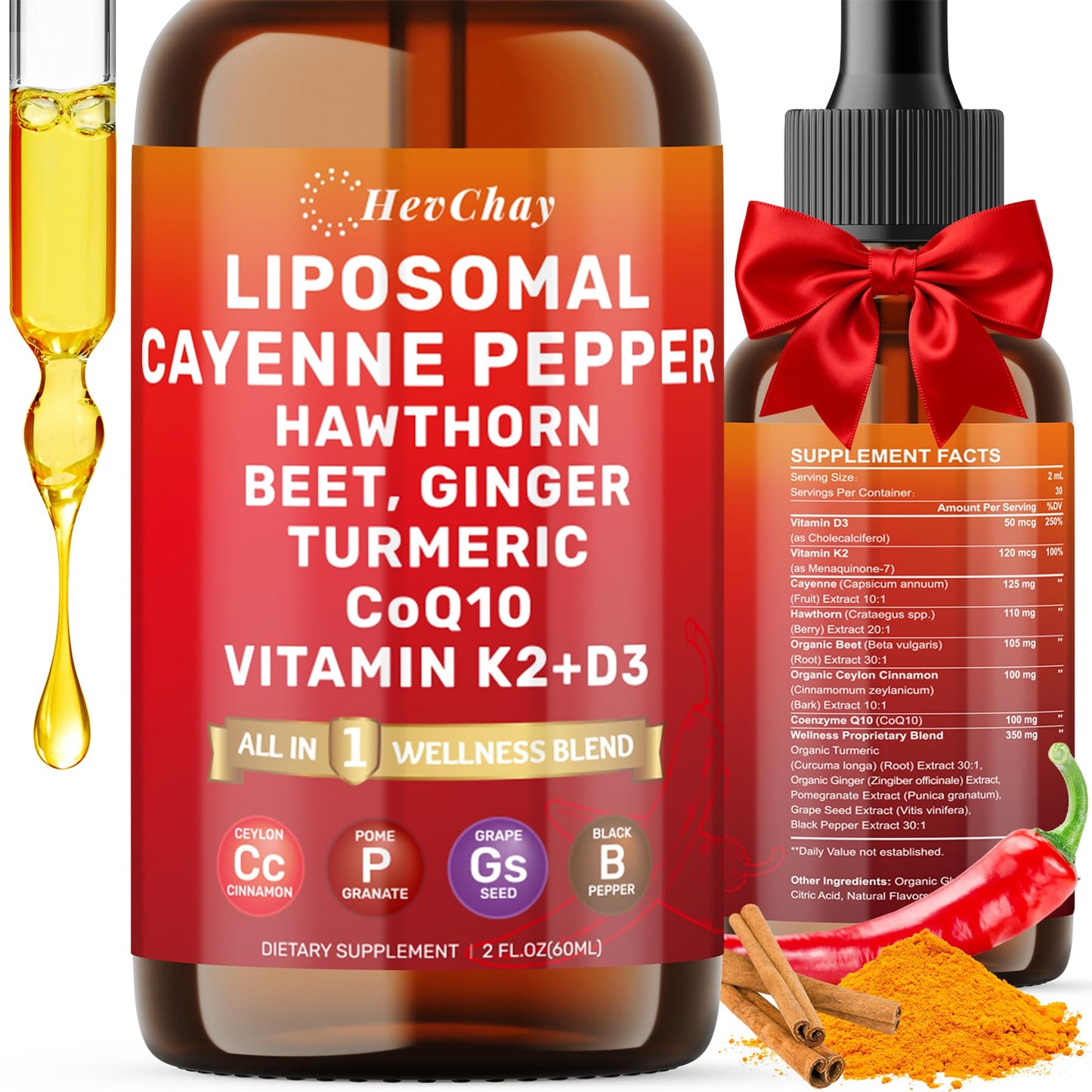 Cayenne Pepper Drops Liposomal Supplement Liquid + Hawthorn Berry, Vitamin D3 K2 Beet Root Powder, Ceylon Cinnamon, CoQ10, Turmeric Curcumin, Cayenne Pepper Extract - 2oz - dailyvitalstore