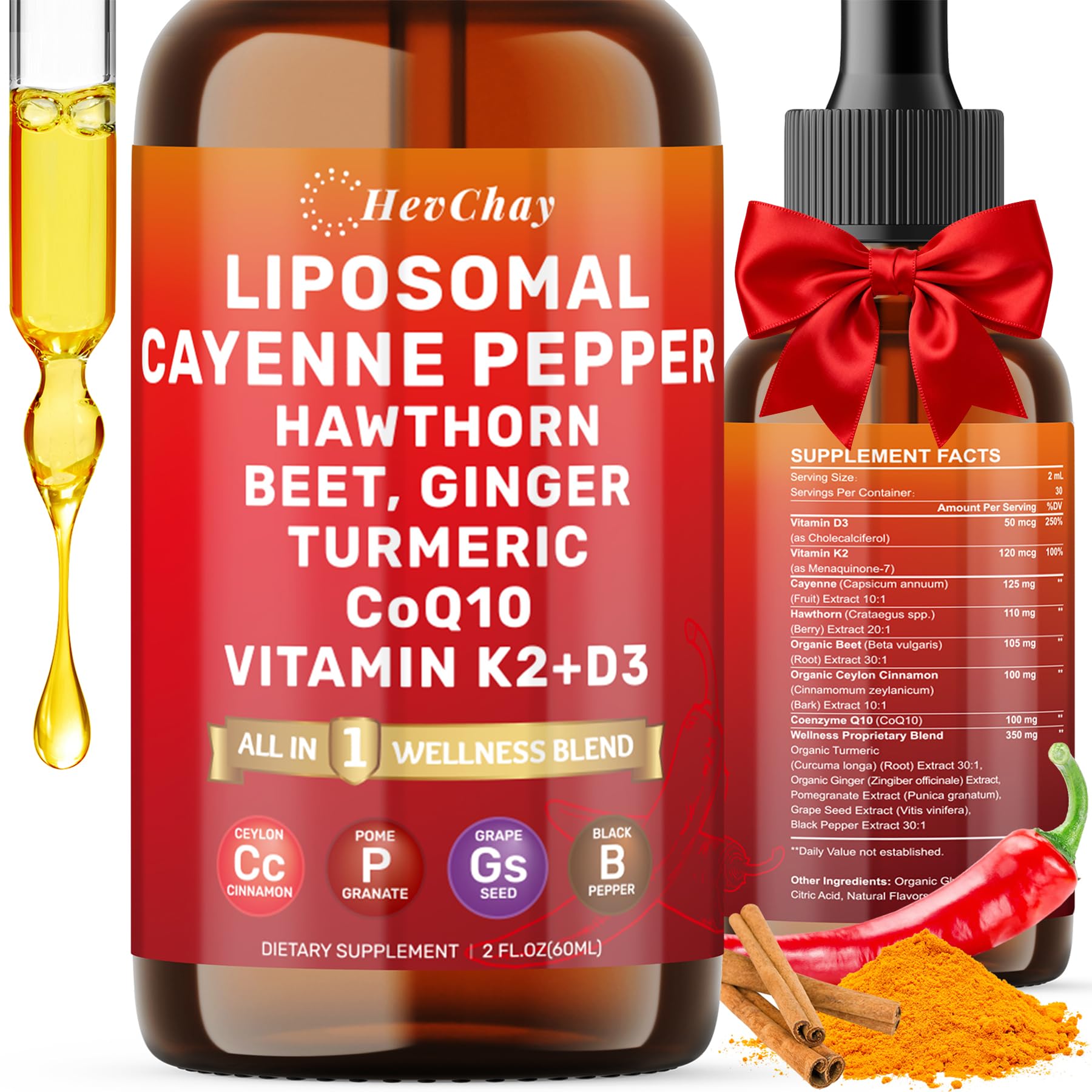 Cayenne Pepper Drops Liposomal Supplement Liquid + Hawthorn Berry, Vitamin D3 K2 Beet Root Powder, Ceylon Cinnamon, CoQ10, Turmeric Curcumin, Cayenne Pepper Extract - 2oz - dailyvitalstore
