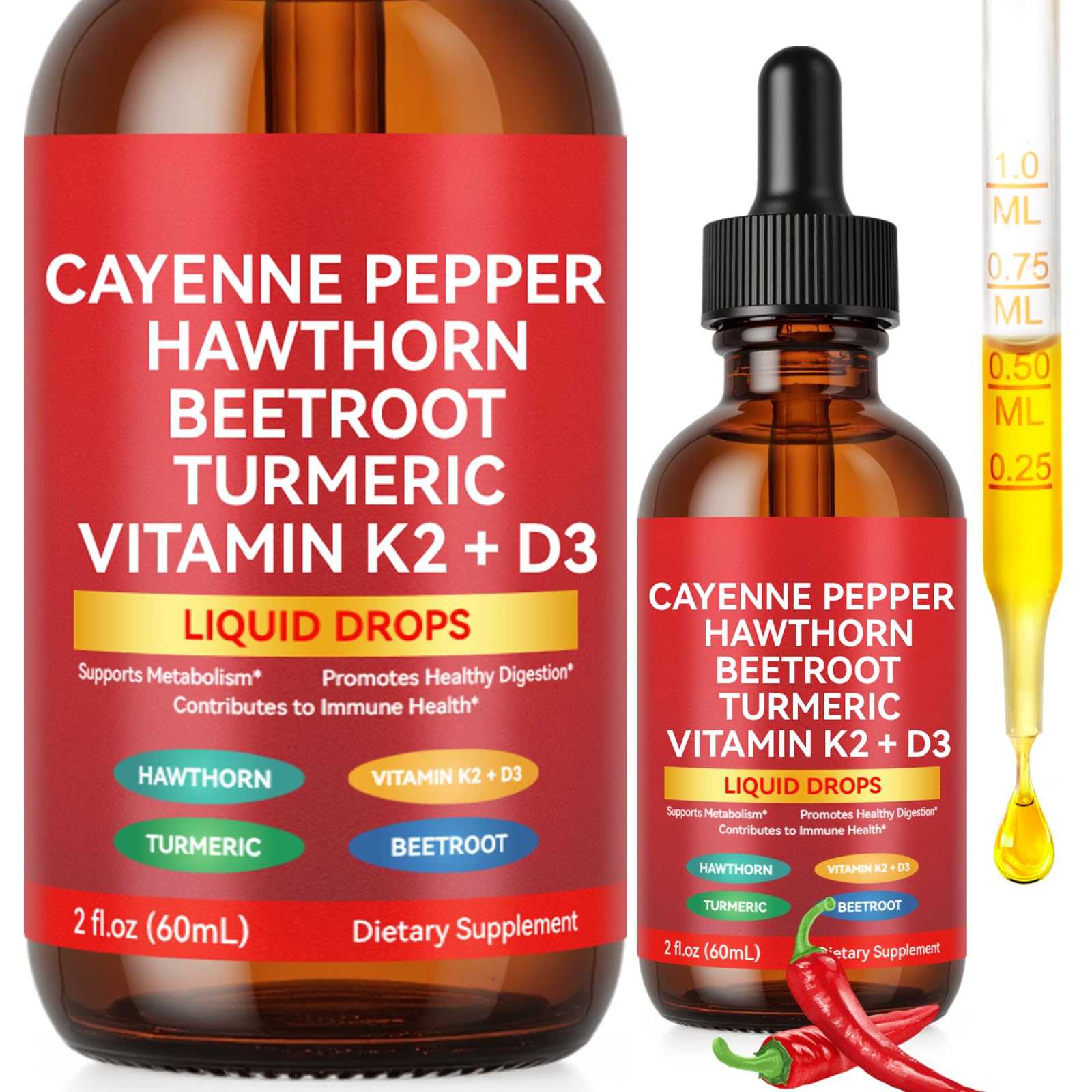 Cayenne Pepper Drops, Liquid Cayenne Pepper Organic, Cayenne Health Supplements, Cayenne Pepper Hawthorn Beet Root Turmeric Curcumin, Vitamin K2 & D3, Vegan-Friendly- 2 Fl Oz - dailyvitalstore