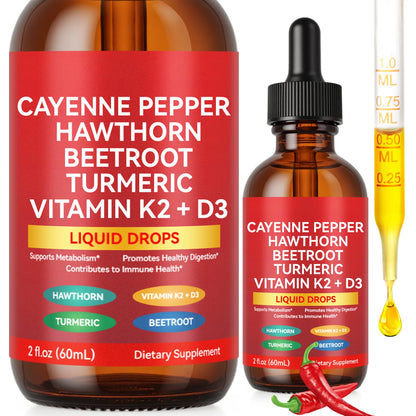 Cayenne Pepper Drops, Liquid Cayenne Pepper Organic, Cayenne Health Supplements, Cayenne Pepper Hawthorn Beet Root Turmeric Curcumin, Vitamin K2 & D3, Vegan-Friendly- 2 Fl Oz - dailyvitalstore