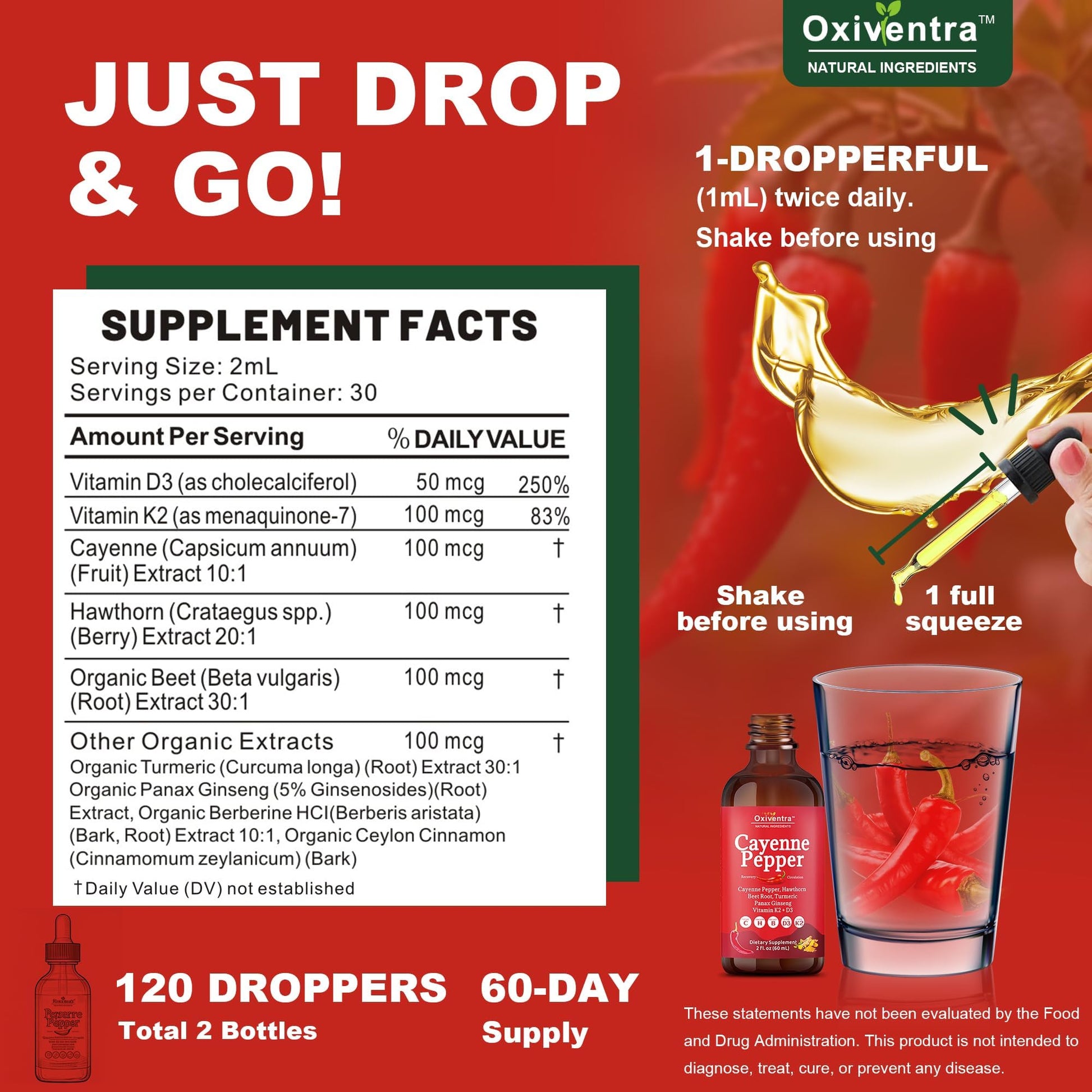 Cayenne Pepper Drops Liquid Supplement Smooth & Sweet Herbal Liquid + Hawthorn Berry, Vitamin D3 K2 Beet Root Powder, Ceylon Cinnamon, Turmeric Curcumin, Organic Panax Ginseng - 2fl oz - dailyvitalstore