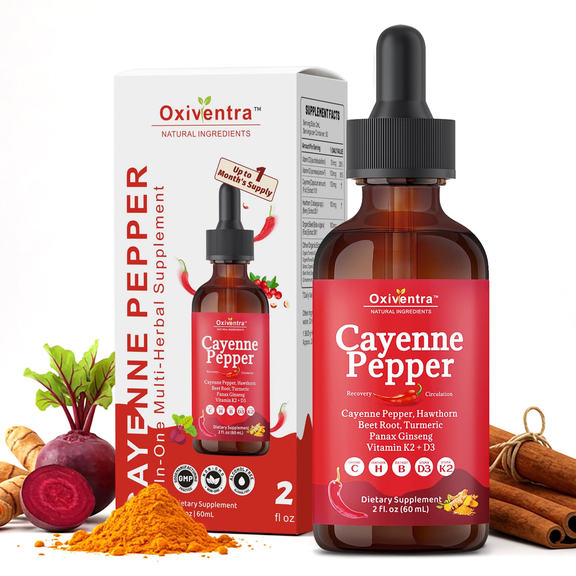 Cayenne Pepper Drops Liquid Supplement Smooth & Sweet Herbal Liquid + Hawthorn Berry, Vitamin D3 K2 Beet Root Powder, Ceylon Cinnamon, Turmeric Curcumin, Organic Panax Ginseng - 2fl oz - dailyvitalstore