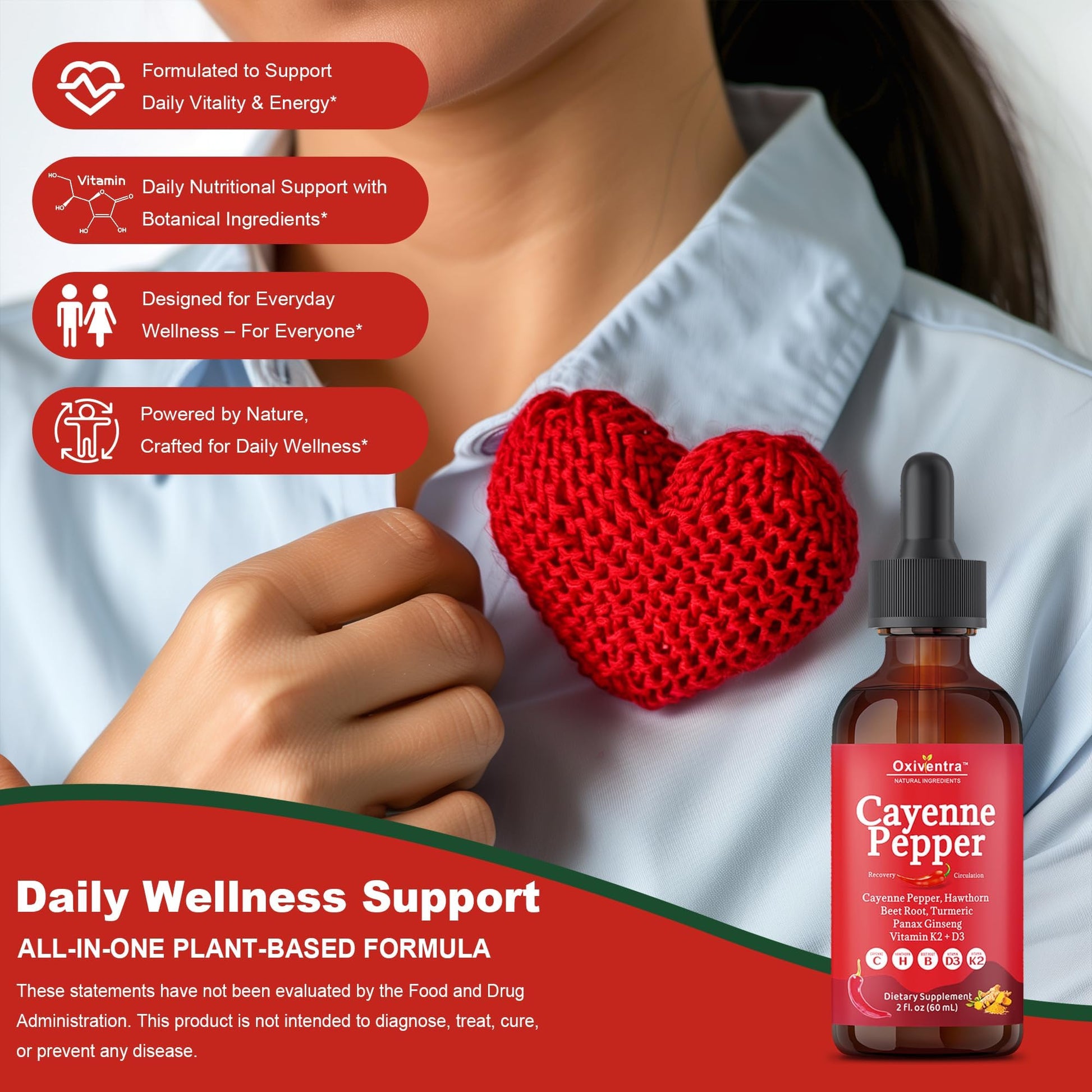 Cayenne Pepper Drops Liquid Supplement Smooth & Sweet Herbal Liquid + Hawthorn Berry, Vitamin D3 K2 Beet Root Powder, Ceylon Cinnamon, Turmeric Curcumin, Organic Panax Ginseng - 2fl oz - dailyvitalstore