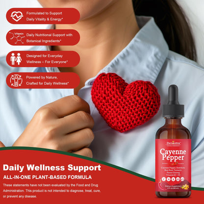 Cayenne Pepper Drops Liquid Supplement Smooth & Sweet Herbal Liquid + Hawthorn Berry, Vitamin D3 K2 Beet Root Powder, Ceylon Cinnamon, Turmeric Curcumin, Organic Panax Ginseng - 2fl oz - dailyvitalstore