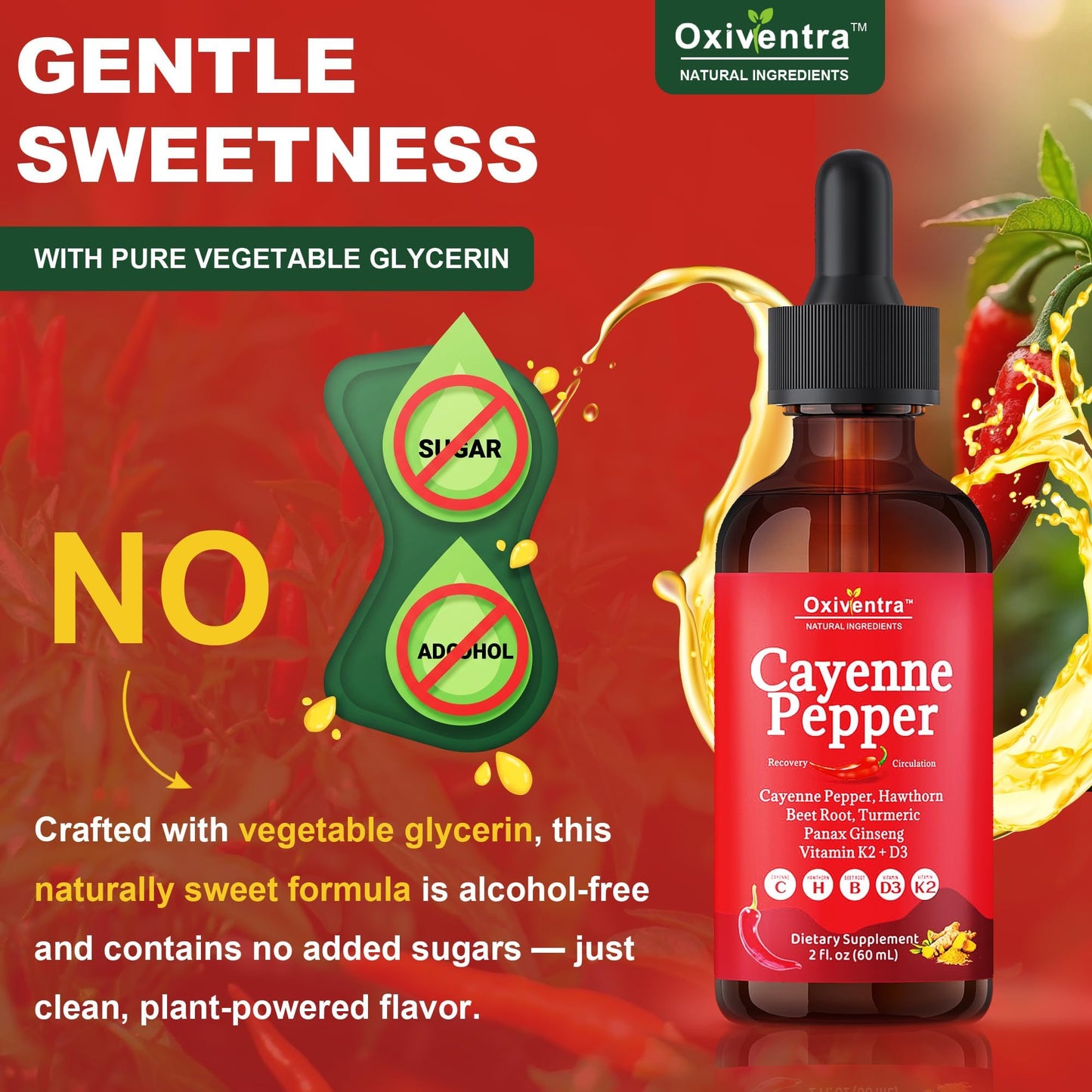 Cayenne Pepper Drops Liquid Supplement Smooth & Sweet Herbal Liquid + Hawthorn Berry, Vitamin D3 K2 Beet Root Powder, Ceylon Cinnamon, Turmeric Curcumin, Organic Panax Ginseng - 2fl oz - dailyvitalstore
